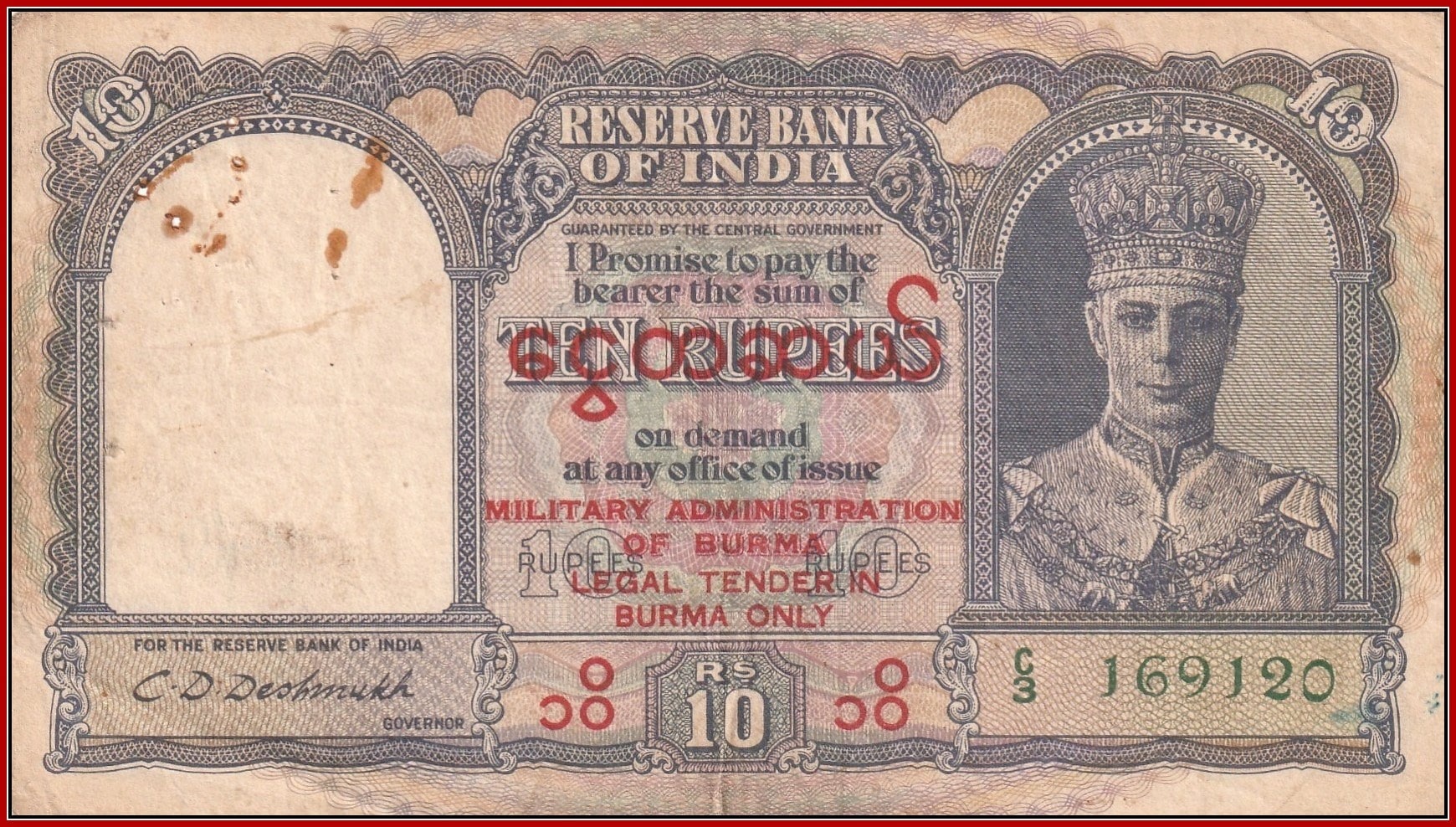 Overprint Burma Issue - 10 Rupee - King George VI, Signed By
