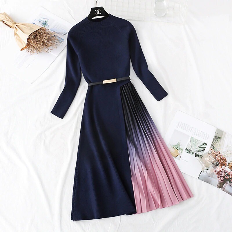 ECOWISH Women's Patchwork Sweater Dress 2025 – Knit Top & A-Line Midi Skirt | Long Sleeve Casual Outfit