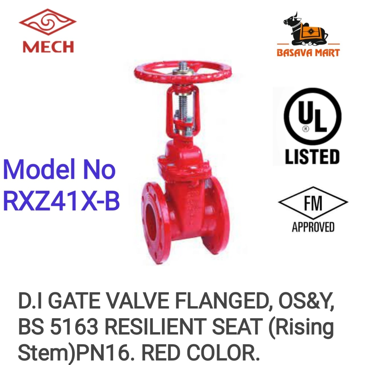 MECH® GATE VALVE FLANGED, OS&Y, BS 5163 RED COLOR, RESILIENT