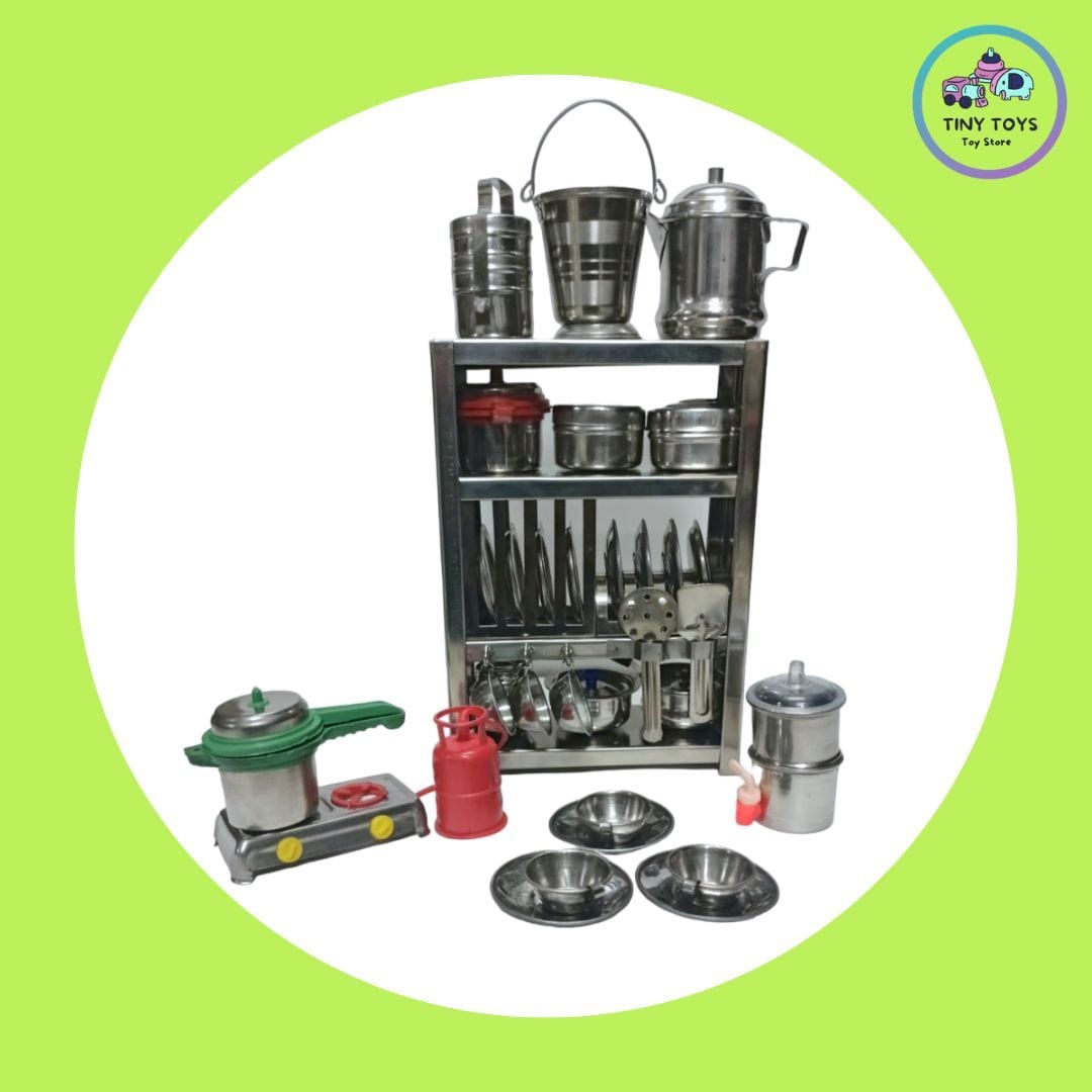 Stainless Steel Miniature Kitchen Set For Kids Includes Cooking