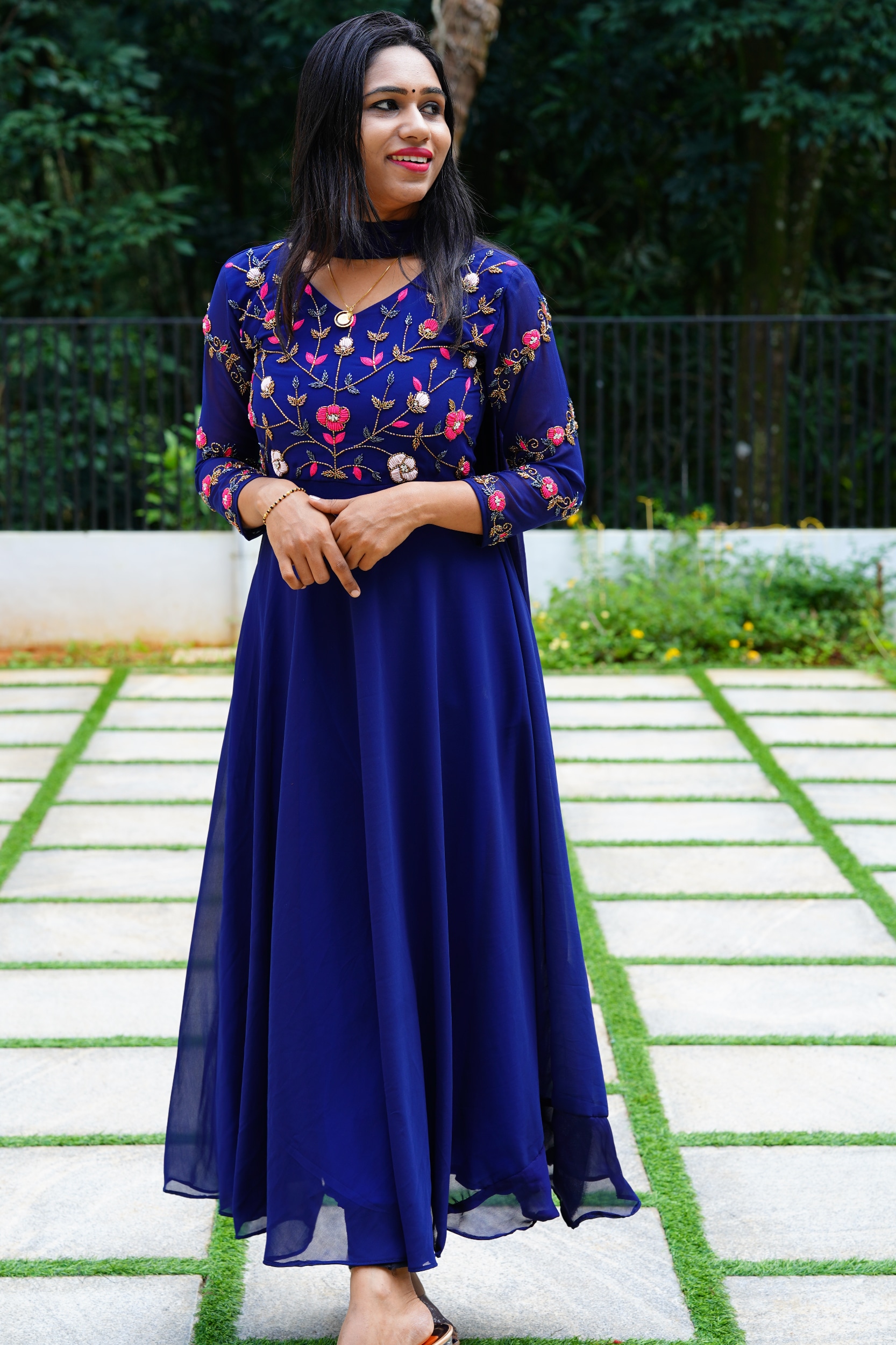 Buy Wedding Wear Navy Blue Hand Work Chanderi Gown With Dupatta Online From  Surat Wholesale Shop.