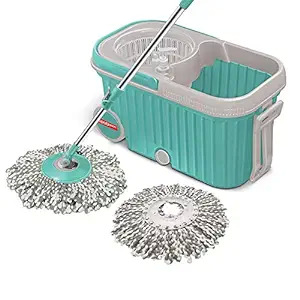 Spin Bucket Mop with Steel Spinner, Wheels, Drag Handle, Drain Plug &  Dispenser