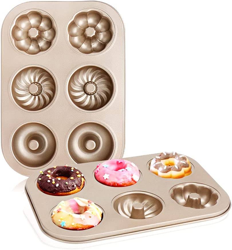 Mini Bagel Bakeware for Oven baking Gold Nonstick 6 Cavity Doughnut Pan with 3 Patterns,Carbon Steel Cake Baking Pan Donut Baking Pans 