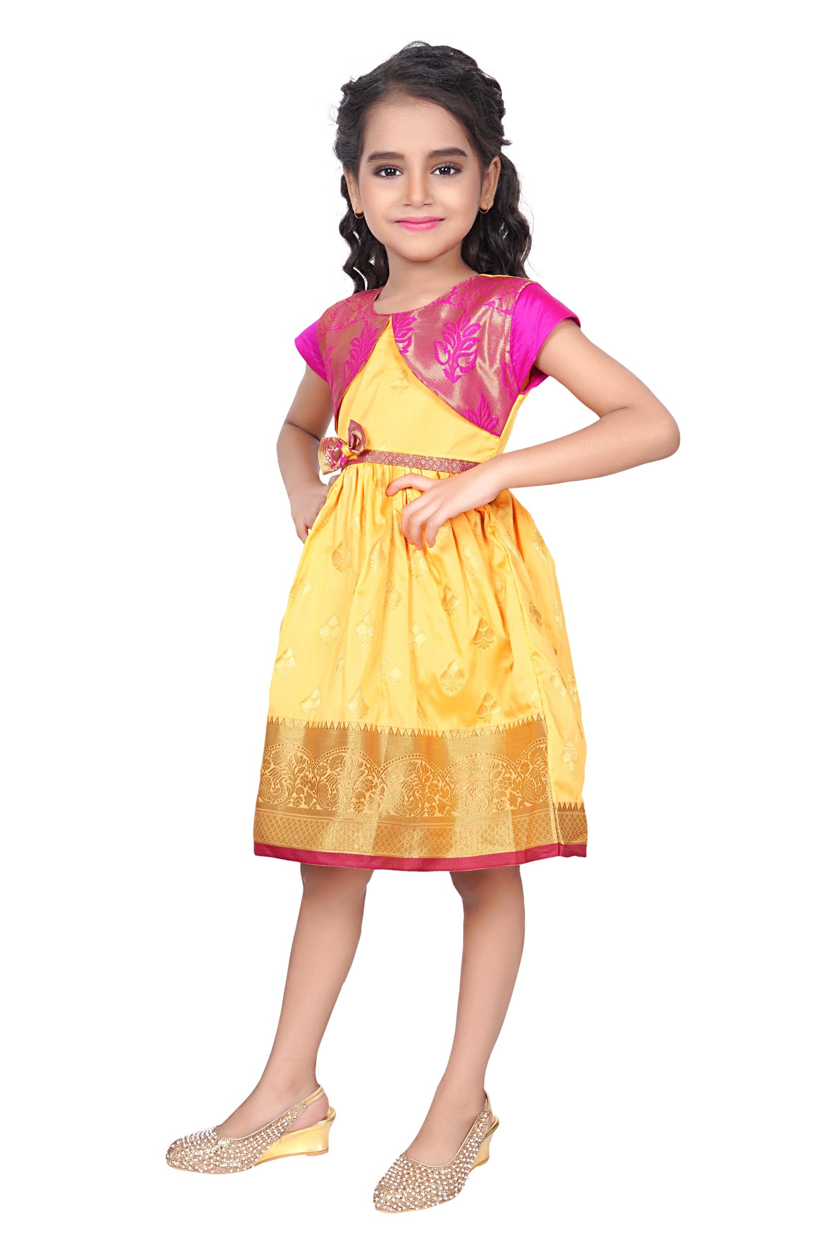 Girls premium blue paithani frock with golden Border and puff sleeves – WEAR  COURAGE