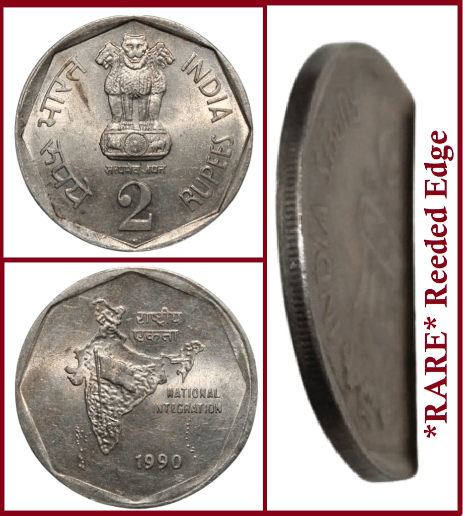 RARE REEDED EDGE Big 2 Rupee 1990 National Integration