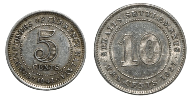 Silver 5 & 10 Cents 1941 & 1927 Straits Settlements (British