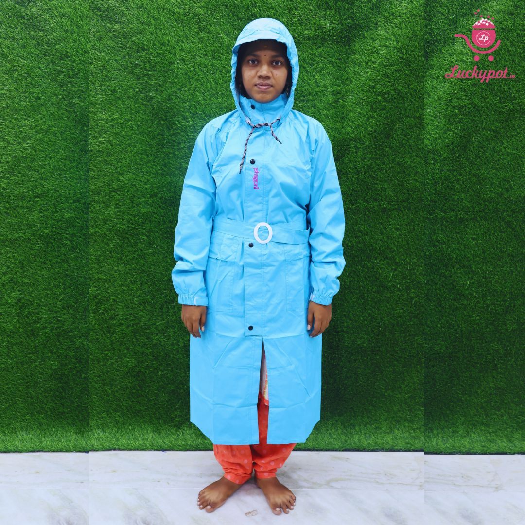 Luckypot Polyester Waterproof Double Layer Reversible Raincoat With Adjustable Hood And Hip Belt Double Side Packet Carry Pouch For Women Multi XL Raincoat LUCKYPOT Royapuram Chennai Tamil Nadu