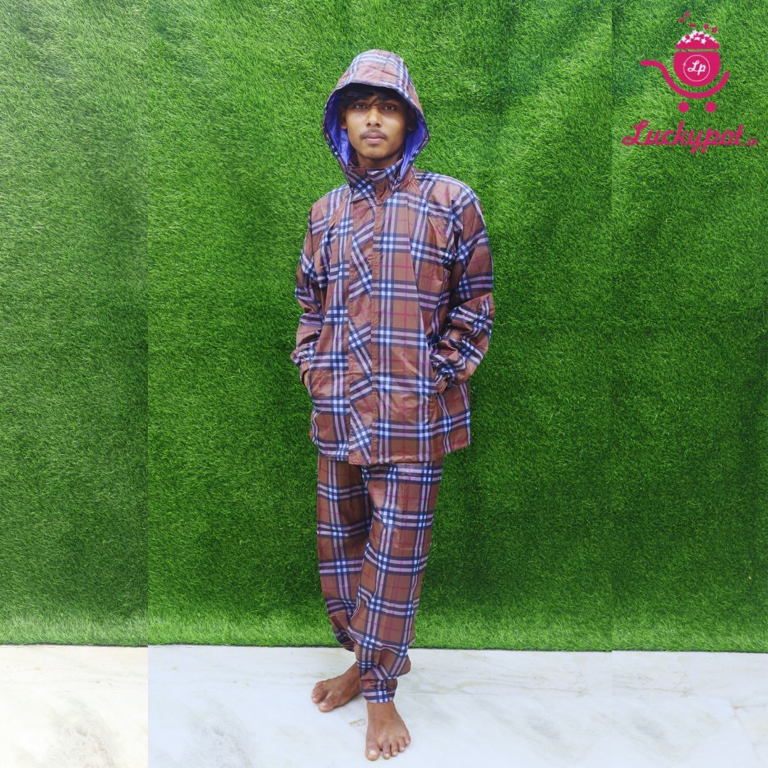 Luckypot Waterproof Double Layer Reversible Checked Design Raincoat With Adjustable Hood Double Side Packet Button Closure Carry Pouch For Men XL Raincoat LUCKYPOT Royapuram Chennai Tamil Nadu