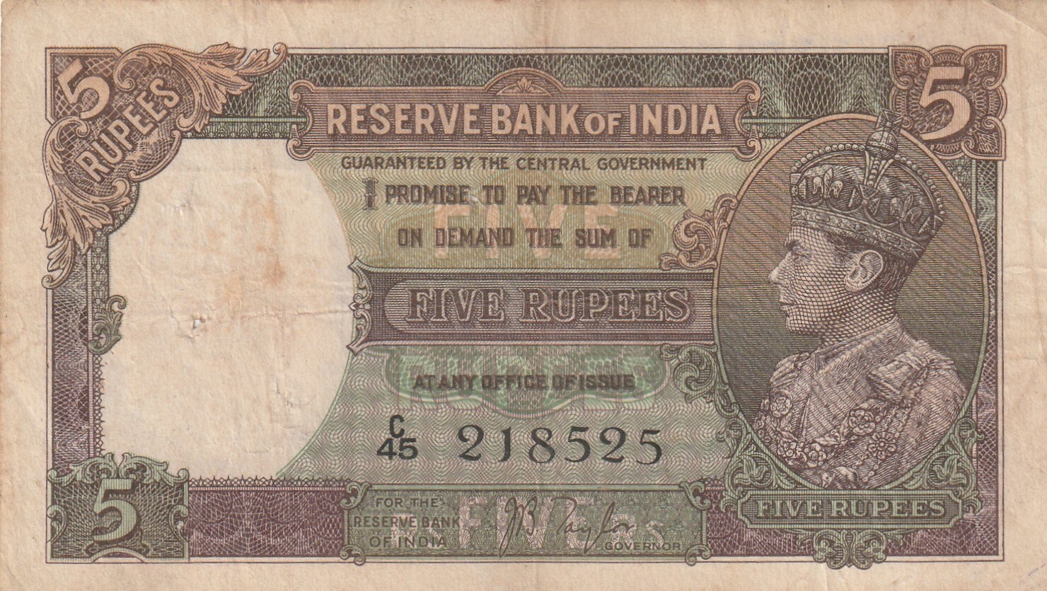トビー（感謝）/5 5 Rupee [1937] Signed by J.B Taylor [George - VI] British India